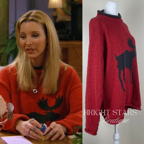 Extremely Rare Red Black Moose Reindeer Sweater ASO Phoebe Buffay Friends - Picture 3 of 9